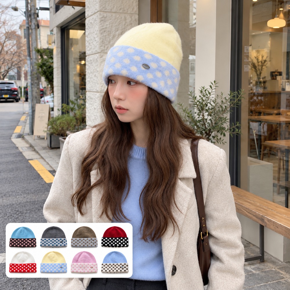 Beanie Cuffed Knit - Women’s Knitted Beanie Hat Polka Dot